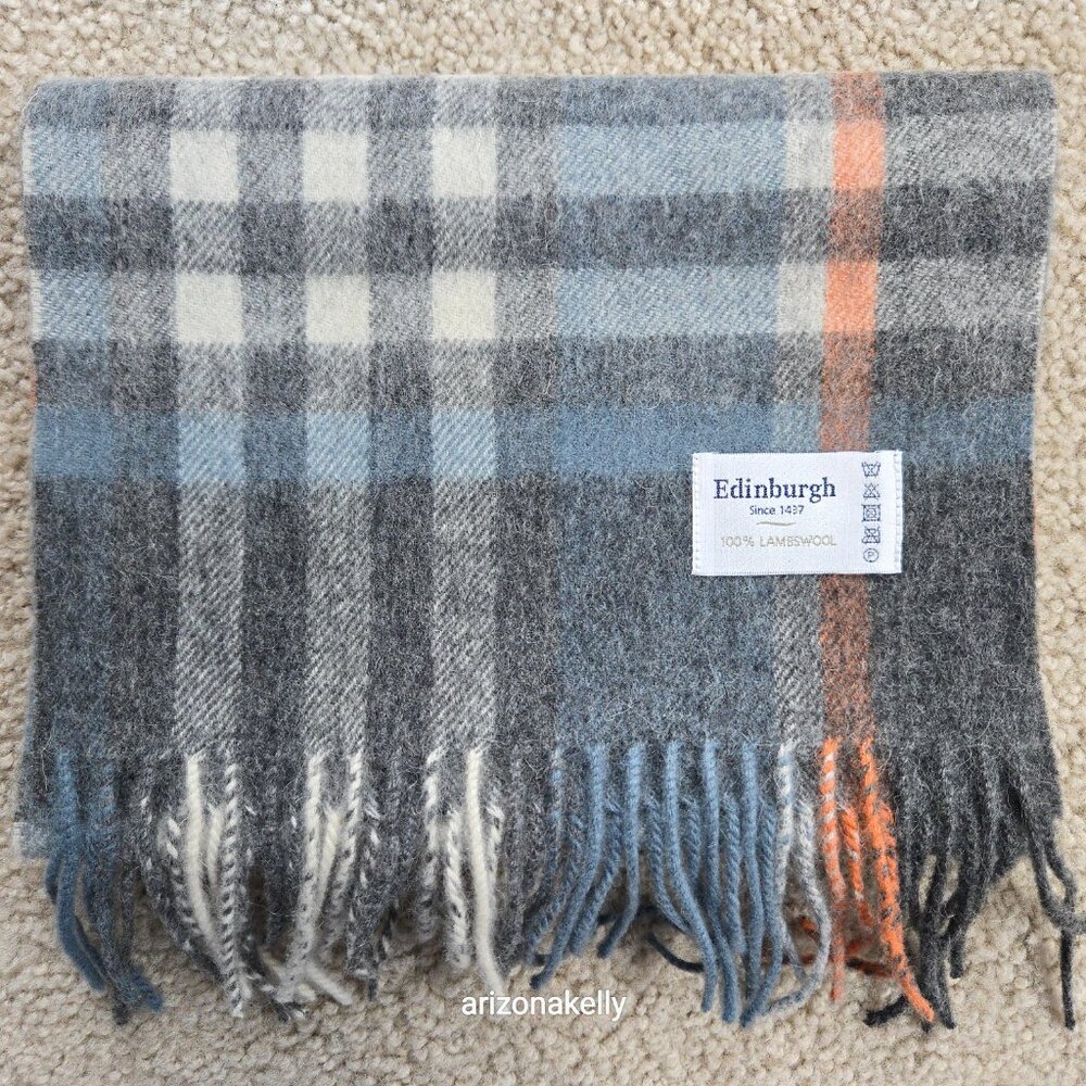 NWOT Edinburgh Lambswool Scarf Plaid Blue, Grey, and Orange Wool - Picture 8 of 8